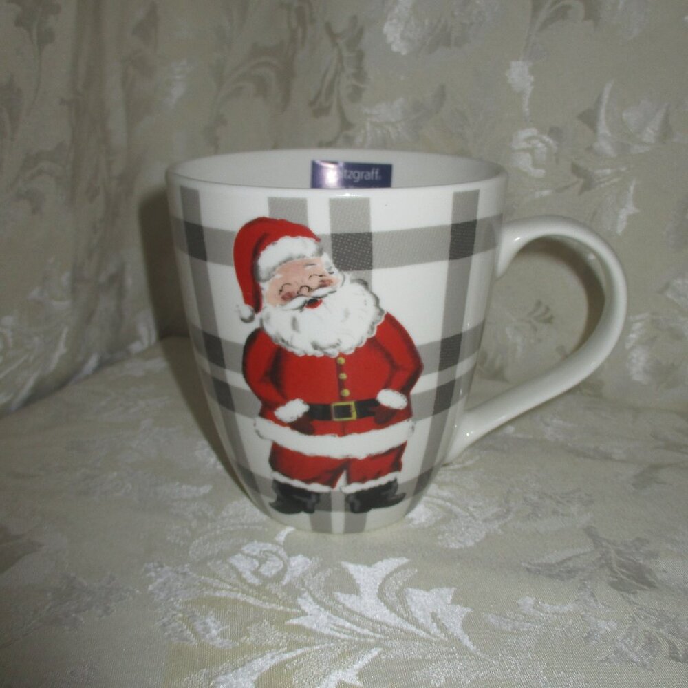 Christmas Coffee Mug Holiday Cup Santa Claus Buffalo Plaid Pfaltzgraff
